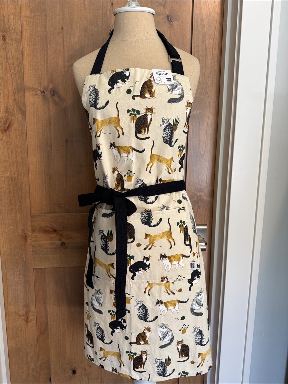 NWT Tablier Apron Cat Novelty Print Cotton wrap waist black cream large pocket